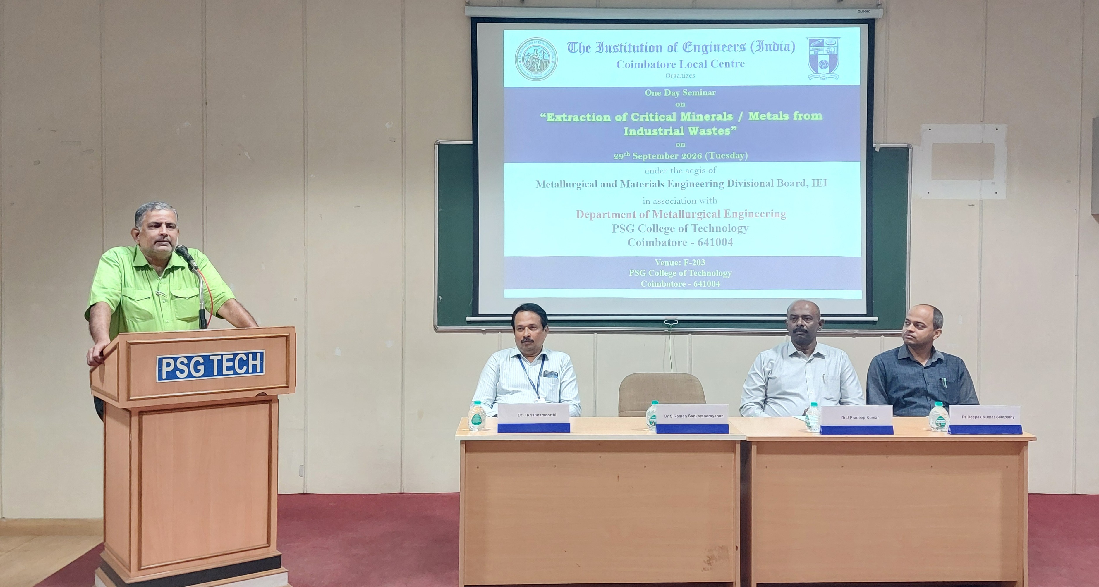 One Day Seminar on “Extraction of Critical Minerals / Metals from Industrial Wastes” (under the aegis of MMDB, IEI) in association with the Department of Metallurgical Engineering, PSG College of Technology, Coimbatore held on 29.09.2026