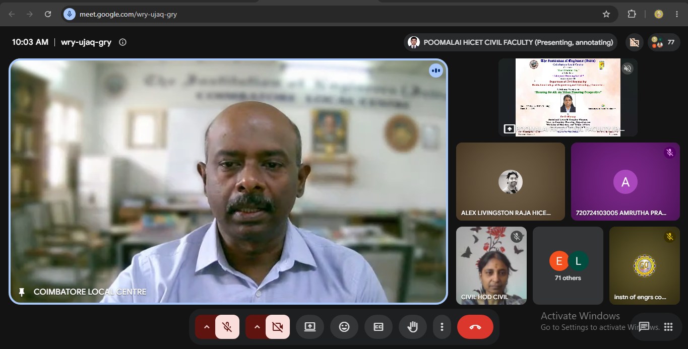 Observation of World Habitat Day through a technical webinar on “Housing for All: An Urban Planning Perspective” , in association with the Department of Civil Engineering, Hindusthan College of Engineering and Technology, Coimbatore, held on 05.10.2026.
