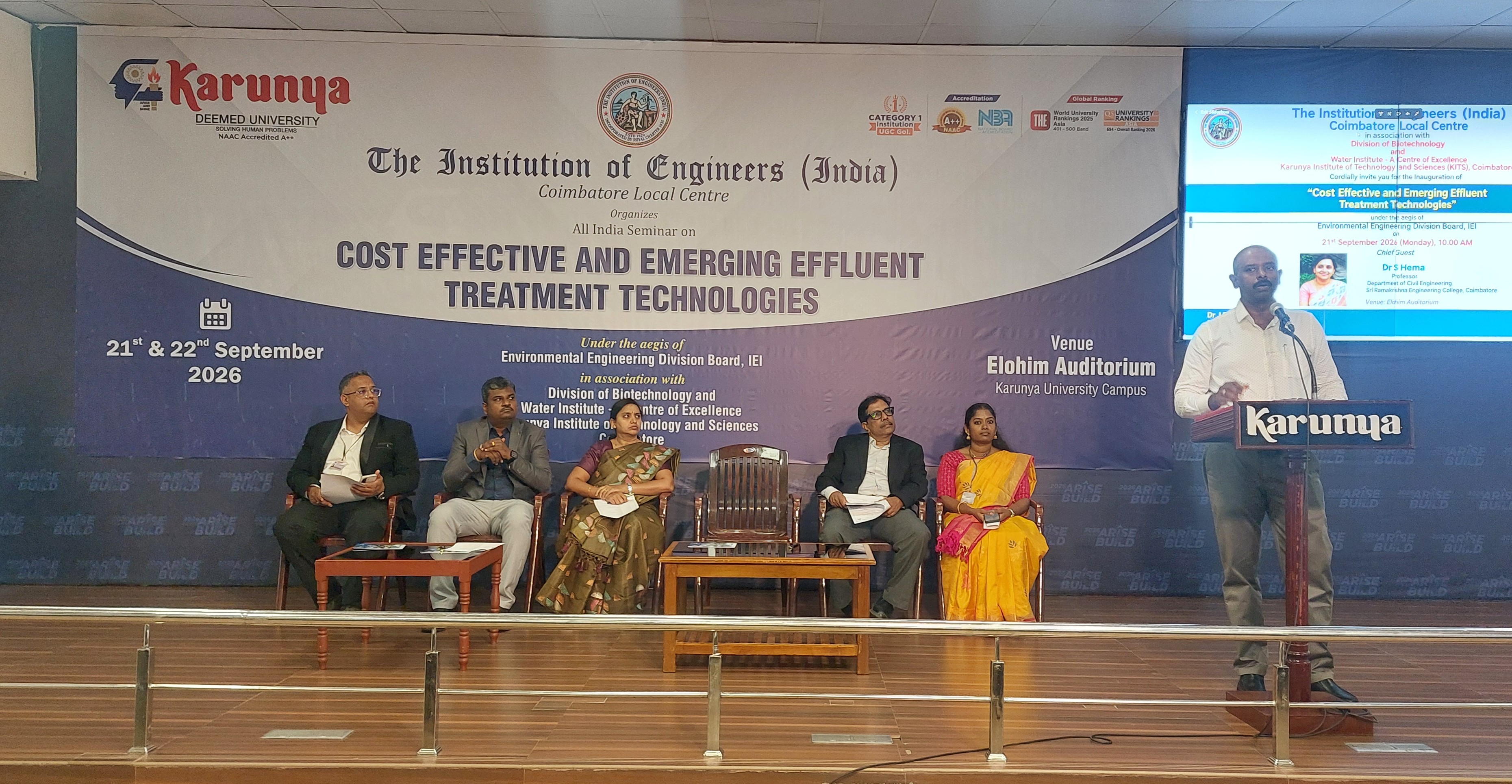All India Seminar on "Cost Effective and Emerging Effluent Treatment Technologies” (under the aegis of ENDB, IEI)  in association with the Division of Biotechnology and Water Institute - A Centre of Excellence, Karunya Institute of Technology and Sciences, Coimbatore held on 21-22 September 2026